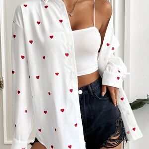 White and Red Heart Print Women's Top